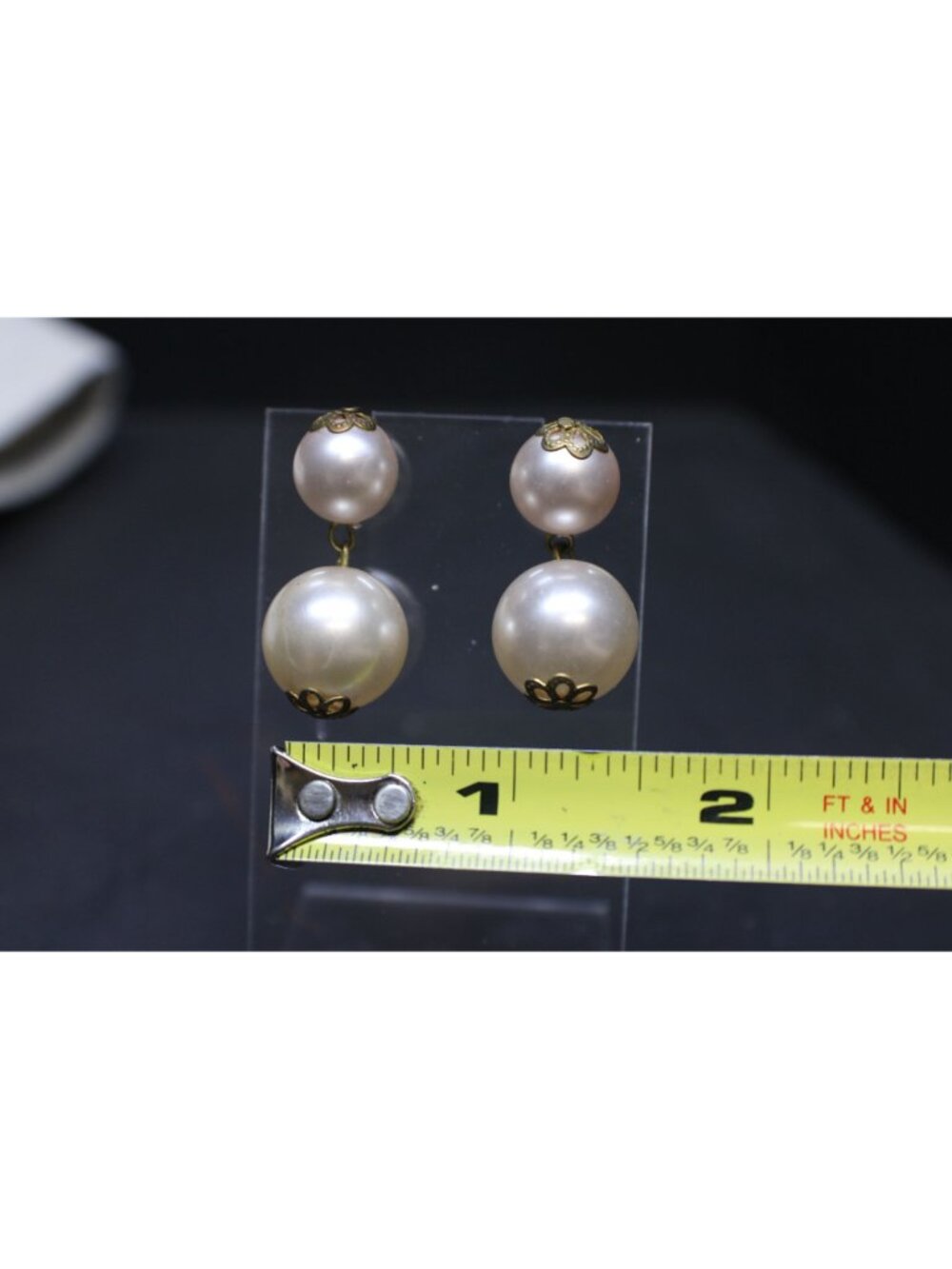 Double Faux Pearl Drop Earrings and Gold Floral Accents Pierce 2 Size Pearls Vtg - Picture 9 of 9